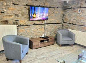 sala de estar con 2 sillas y TV en una pared de piedra. en Traditional Stone Villa "To Petrino", en Florina