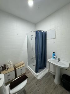 uma casa de banho com um chuveiro, um WC e um lavatório. em Apartamento En Valencia Centro em Valência