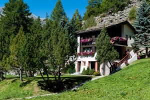 a building on a hill with trees and flowers at Haus Amici in Saas-Almagell