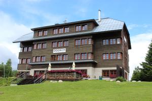um grande edifício de madeira no topo de um campo verde em Hotel Oddech em Pec pod Sněžkou