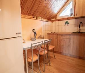 a kitchen with a table and chairs and a refrigerator at Po Kastonu & SPA in Palanga