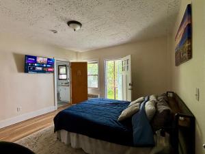 Traveler’s Den in Medford في ميدفورد: غرفة نوم مع سرير وتلفزيون على الحائط