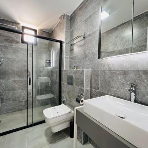 a bathroom with a toilet and a sink and a shower at Euronova Hotels & Suites in Kemer