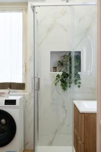 een douche met een glazen deur in een badkamer bij Domus Clelia in Rome +38 foto's