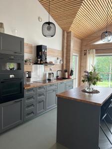 een keuken met roestvrijstalen apparatuur en een houten plafond bij Villa Kiiski in Teijo