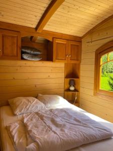 1 dormitorio con 1 cama en una cabaña de madera en Bungalow de 2 chambres avec piscine partagee jardin clos et wifi a Saint Pardoux, en Saint-Pardoux