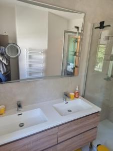 a bathroom with a white sink and a mirror at Maison familiale avec jardin in Neufchâtel-Hardelot +21 photos