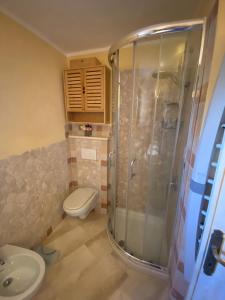 y baño con ducha, aseo y lavamanos. en Appartamento Baja Sardinia, en Baja Sardinia