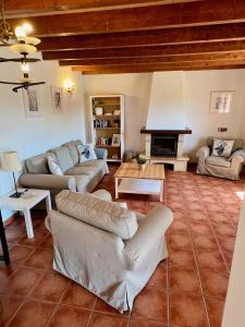 ein Wohnzimmer mit Sofas und einem Kamin in der Unterkunft Villa Natural Barcarés in Alcúdia