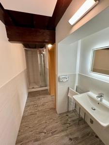 uma casa de banho com um lavatório e um espelho em Metzgerwirt Vieh Heli em Bad Goisern