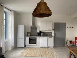 cocina con electrodomésticos blancos y luz colgante en Le Jules Appart'Hotel, en Romans-sur-Isère