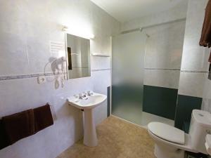 La salle de bains est pourvue de toilettes, d'un lavabo et d'une douche. dans l'établissement Hostal Horizonte, à Sant Antoni de Portmany