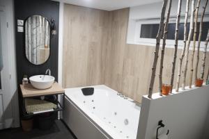 a bathroom with a bath tub and a sink at Les Cocons d AleXan Le studio balnéo aromathérapie in Quinssaines +24 photos