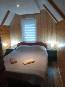 a bedroom with a bed and a window with two lamps at Durmitor Bungalows in Žabljak