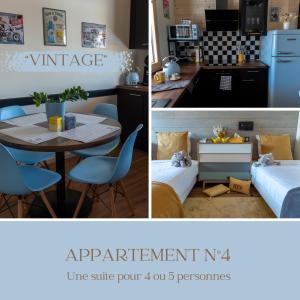 a kitchen and a dining room with a table and a room with a kitchen at NOTRE CHALET - Boutique Hôtel - En couple - En famille - En groupe in Les Fourgs