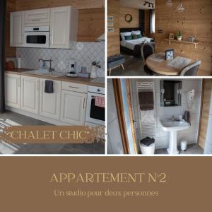uma colagem de fotos de uma cozinha e uma sala de estar em NOTRE CHALET - Boutique Hôtel - En couple - En famille - En groupe em Les Fourgs