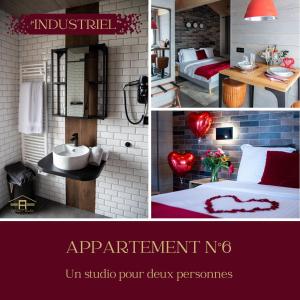 eine Collage mit Bildern eines Hotelzimmers mit einem Schlafzimmer in der Unterkunft NOTRE CHALET - Boutique Hôtel - En couple - En famille - En groupe in Les Fourgs