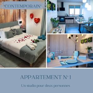a collage of pictures of a room with a bed at NOTRE CHALET - Boutique Hôtel - En couple - En famille - En groupe in Les Fourgs