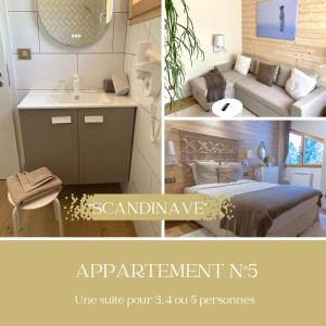 two pictures of a room with a bed and a bathroom at NOTRE CHALET - Boutique Hôtel - En couple - En famille - En groupe in Les Fourgs