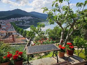 a bench with flowers and a view of a city at Guesthouse Filoxenia in Kastoria