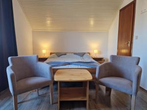 1 Schlafzimmer mit einem Bett, 2 Stühlen und einem Tisch in der Unterkunft Balaton Panzió Füred in Balatonfüred