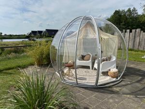 une tente iguane avec 2 chaises et une table dans une cour dans l'établissement Tiny House Lovely Sunshine, à Giethoorn
