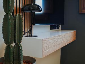 a desk with a tv and a cactus at La Casa del Conde - Un alojamiento único en Écija in Écija +40 photos