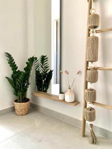 a room with plants on a shelf and a mirror at Αura Luxury Apartments in Ierissos