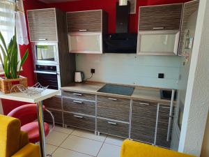 a small kitchen with wooden cabinets and a table at Apartament Baszta Kaszana in Trzebiatów +9 photos