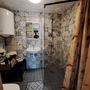 a bathroom with a shower and a sink at Kapteni suvekodu in Laulasmaa