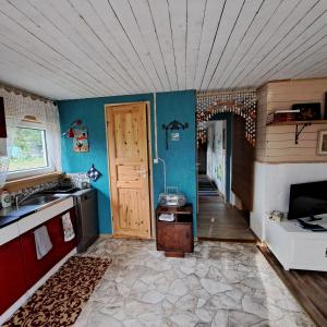 uma cozinha com paredes azuis, uma porta e um lavatório. em Kapteni suvekodu em Laulasmaa