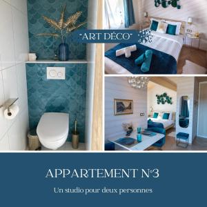 eine Collage mit zwei Bildern eines Zimmers in der Unterkunft NOTRE CHALET - Boutique Hôtel - En couple - En famille - En groupe in Les Fourgs