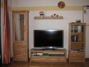 - une télévision sur un support en bois dans le salon dans l'établissement Wohnung in Wittenschwand mit Garten und Grill und Panoramablick, à Wittenschwand