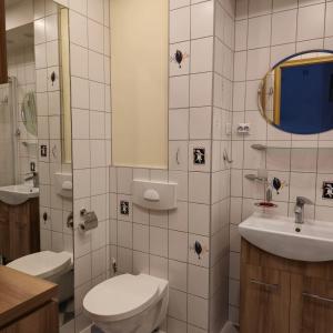 ein Badezimmer mit Toilette, Waschbecken und Spiegel in der Unterkunft Apartamenty Magvel Szczecin in Stettin