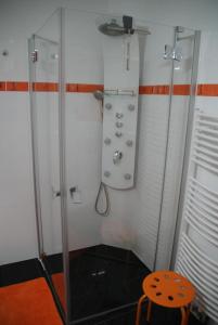 y baño con ducha y taburete. en Ferienhaus in Erlbach mit Grill und Terrasse, en Erlbach
