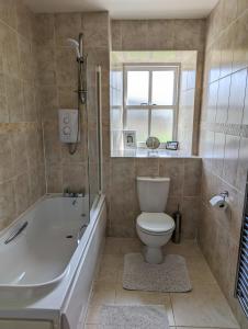 索爾瓦的住宿－Skomer View Solva，浴室配有卫生间、浴缸和水槽。