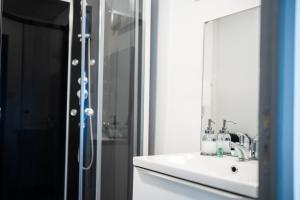 uma casa de banho com um lavatório e um espelho em Villa Vichéia - Appartement 13 em Vichy