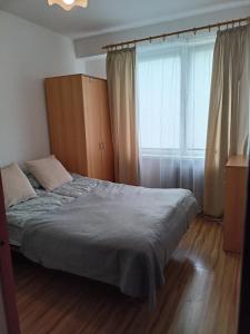 a bedroom with a bed and a large window at Apartament Mazury in Olecko