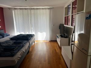 a bedroom with a bed and a refrigerator and a television at Apartma Jure in Zgornje Gorje