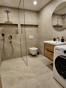 e bagno con doccia, servizi igienici e lavandino. di Suur-Posti Apartments a Pärnu