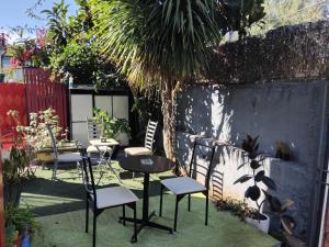 un patio con sillas, una mesa y una palmera en Hotel Montealegre, en Valparaíso
