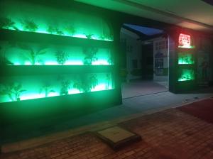 un edificio con luci verdi sul muro di Hospedaje California Inn a Iquitos
