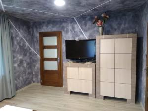 ZłatnaDomek w górach pod Rysianką的一间带电视和墙壁的客厅