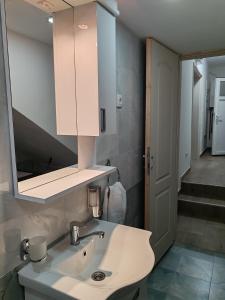 a bathroom with a sink and a mirror at Apartman Ema 1 in Valjevo