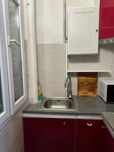 a kitchen with a sink and a microwave at chambre d'hote in Issy-les-Moulineaux