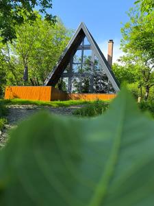 un edificio con una valla naranja detrás de una hoja verde en Cabana NucA-Frame en Satu Nou de Jos