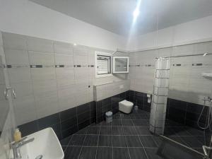 a bathroom with a shower and a toilet and a sink at Vanesa Rooms in Sarandë