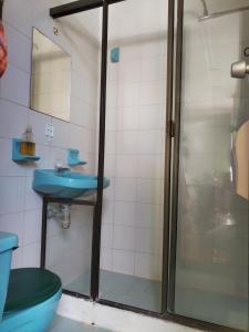 a bathroom with a shower and a toilet and a sink at Hostel La Casona 1859 in Guaduas