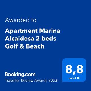 Captura de pantalla de un teléfono móvil con el texto actualizado para designar a Marina Alaza en Apartment Sea View Alcaidesa 2 beds Golf & Beach, en Alcaidesa