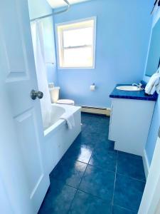 Baño azul con aseo y lavamanos en Sundance Cottages, en Cavendish